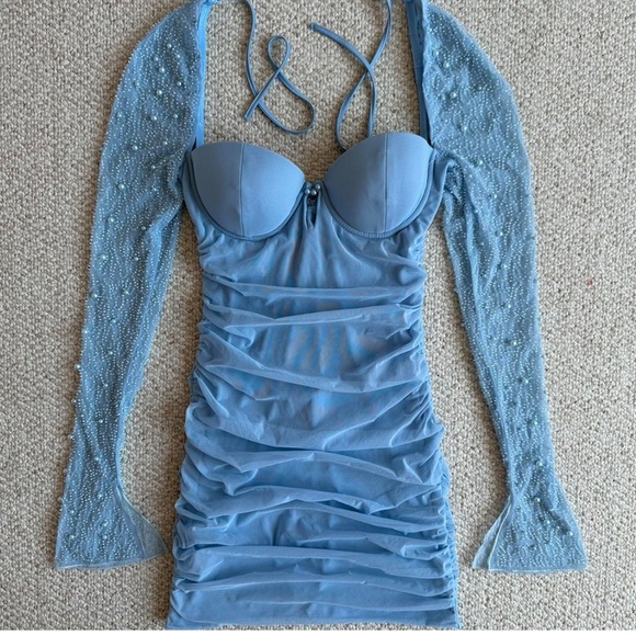 Oh Polly ST. GERMAIN Embellished Long Sleeve Mini Dress in Blue - US 6 - Picture 6 of 12